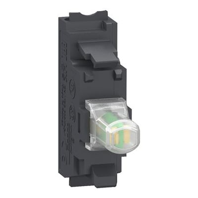 Schneider Electric universal LED lysmodul i mørkegrå plast med push-in fjederklemmer og transparent grønlig linse.