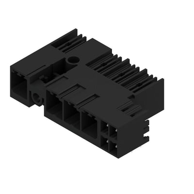 Sort Weidmüller-hybridstik til printplade med fire poler, 7,62 mm polafstand og 90° udgang, set skråt ovenfra.