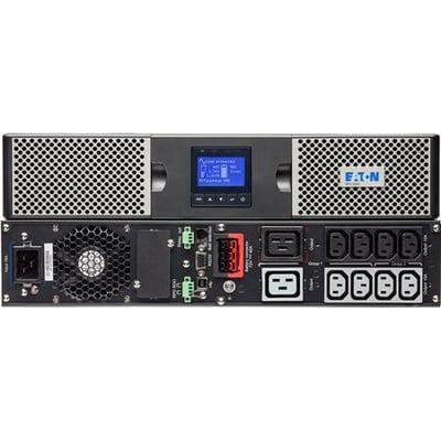 Eaton 9PX 3000I Netpack UPS i sort 2U-format, vist forfra og bagfra med display, ventilator og strømudgange.