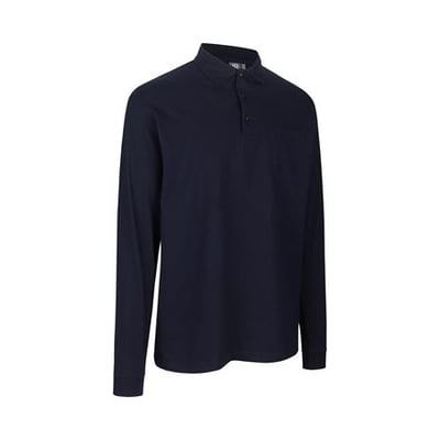 ID Identity Pro Wear poloshirt med lange ærmer i navyblå, str. S, med brystlomme og synlig krave.