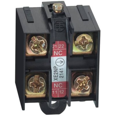 Schneider Electric XE2NP3141 kontaktelement med 2 NC kontakter og tydelig mærkning for tilslutning.