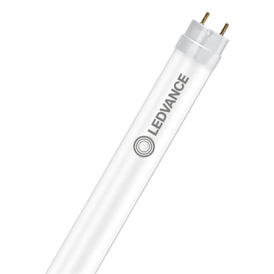 LEDVANCE T8 Value UO LED-rør på 1200 mm ses skråt med hvidt rør, trykt logo og to metalstifter i enden.