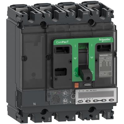 Schneider Electric ComPacT NSX100R, en 4-polet 100A maksimalafbryder med MicroLogic 6.2 E-relæenhed og digitalt display.