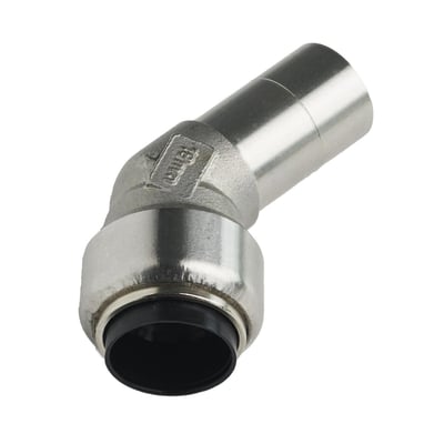 Roth vinkel 45° indstikfitting til 22 mm rør i rustfri stål med synlig 22mm mærkning og sort pakning.