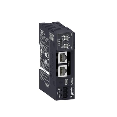 Detaljeret visning af Schneider Electric TM3 Modbus seriel buskobler modul, viser drejeknapper og RJ45-porte mærket 'Modbus'.