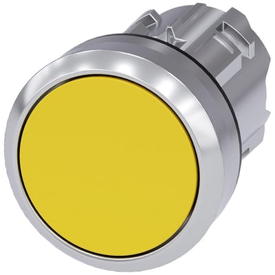 Siemens SIRIUS ACT trykknap i gul med højglans metalramme, 22 mm diameter, flad. Robust og industriel kvalitet, isoleret på hvid baggrund.