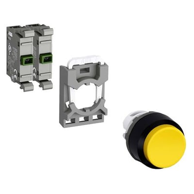 ABB trykknap MP1-40Y-20, gul, lav model, med klemmehuset og en grå monteringsramme mod hvid baggrund.