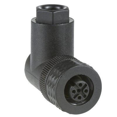 Vinklet 4-polet M12-hunstik fra Telemecanique Sensors med Pg7, set skråt forfra med kontakterne synlige.