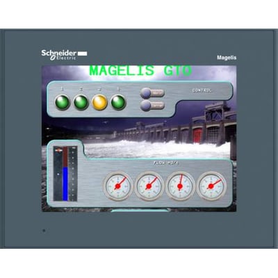 Schneider Electric Magelis GTO 7.5" touch panel med VGA TFT-skærm, der viser et kontrolpanel med målere og afbrydere samt et dæmningsmotiv.