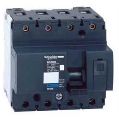 Schneider Electric automatsikring C80A, 4-polet, 25kA, set fra siden, viser DIN-skinne monteringstype og tilslutningspunkter.