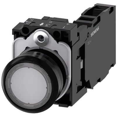 Siemens Sirius Act 22mm trykknap med rund, klar plastikknap og sort hus med 1NO1NC kontakter og skrueterminaler.