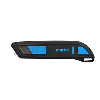 Martor SECUNORM 300 sikkerhedskniv med trapezblad, sort håndtag og blå skyder.