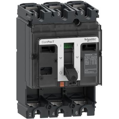 Schneider Electric ComPacT NSX250F 3-polet DC-maksimalafbryder, 250A, 750VDC, med tydeligt mærke og håndtag på mørkegrå baggrund.