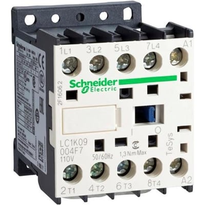 Detaljeret vinkelbillede af Schneider Electric TeSys K kontaktor LC1K09008P7, viser mærkat og skrueterminaler.