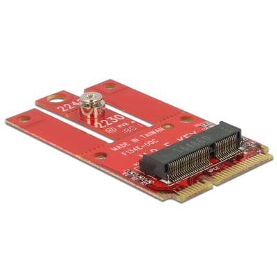 Delock adapter til Mini PCIe til M.2 Key E slot i rød med sort M.2 konnektor.