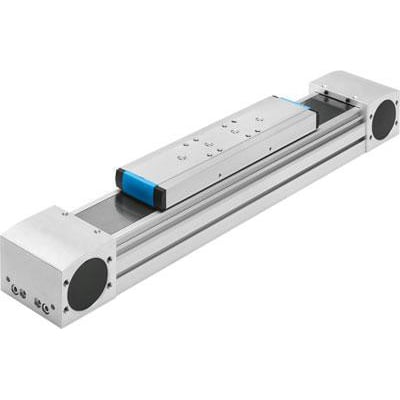 Festo tandremsakse ELGA-TB-KF-120-1200-0H i aluminium med blå og sorte detaljer, monteret på hvid baggrund.