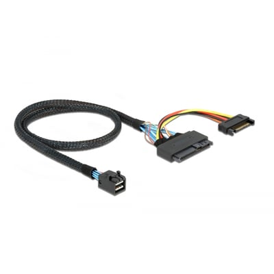 DeLock SFF-8643 han til U.2 SFF-8639 hun kabel, 50 cm, med SATA strømstik på hvid baggrund.