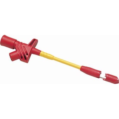 Fluke AC89 isoleret gennemboringsnæb i rød og gul, vist med den lille stift fremme og beskyttelseshætten afmonteret.