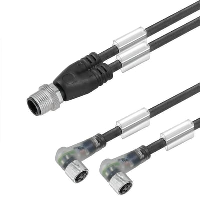 Weidmüller sensor-aktuator-adapterkabel med M12/M8-stik og tvillingekabel, vist med ét lige og to vinklede stik.
