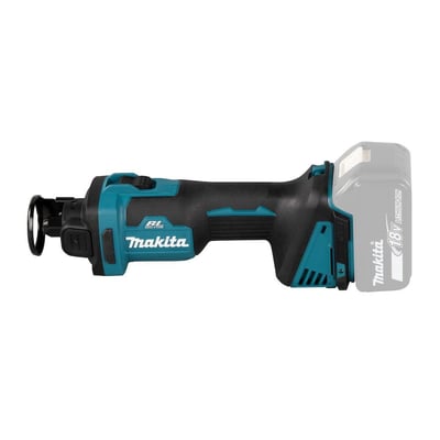 Makita 18V kulfri rotationsskærer med påsat 18V Li-ion batteri, vist fra siden med logoer og specifikationer.
