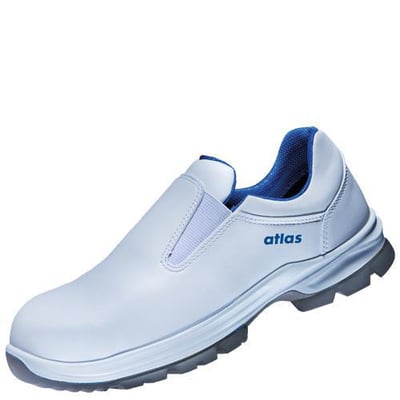 Atlas sikkerhedssko CL 490 2.0 ESD i hvid str. 43 med CLEANLINE overmateriale og blå detaljer.