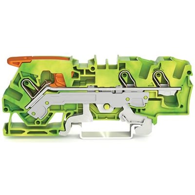 Wago 3-leder-jordklemme i grøn-gul med 6 mm2 kapacitet og Push-in CAGE CLAMP teknologi vist i snit.