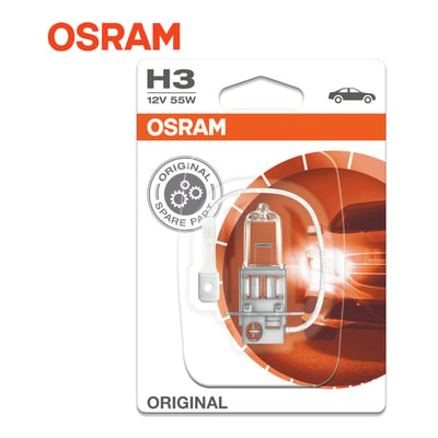 Osram ORIGINAL H3 forlygtepære i enkeltblister, med 12V 55W specifikation og PK22s sokkel, klar til montering i bilens forlygte.