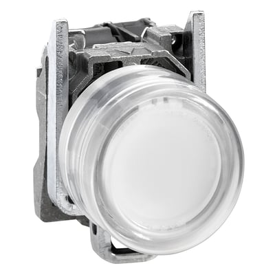 Schneider Electric lampetryk med hvid LED og 24VAC/DC, ø 22 mm metalknap til ATEX-miljøer.
