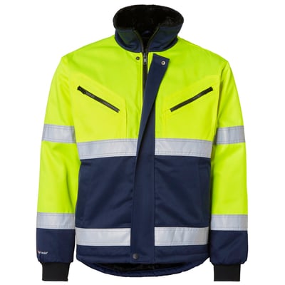 Vinterjakke i gul og mørkeblå, klasse 3, str. 2XL, med reflekser og lynlåsdetaljer på fronten.