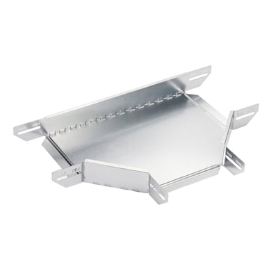 Schneider Electric T-stykke i 150 mm bredde, fremstillet af galvaniseret stål med samleflapper og perforeringer.