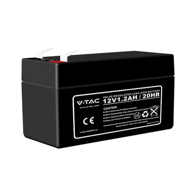 V-TAC Pro serie 1,3Ah blysyrebatteri, 12V1.2AH / 20HR, med CE-mærkning og advarselsikoner på siden.