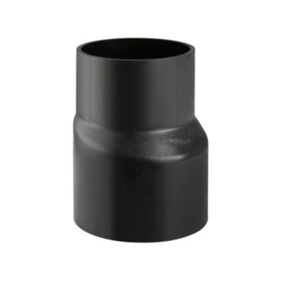 Geberit excentrisk reduktion, 50 mm til 40 mm, i sort PEH materiale, vist frontalt på hvid baggrund.