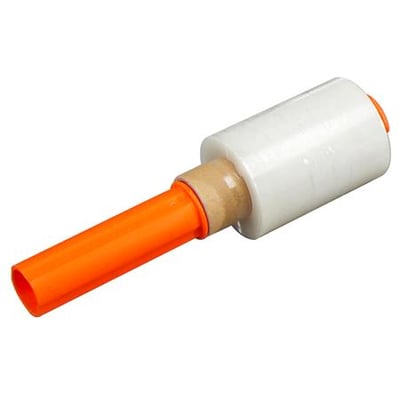 Strækfilmdispenser med orange håndtag og en rulle strækfilm, egnet til 100mm ruller.