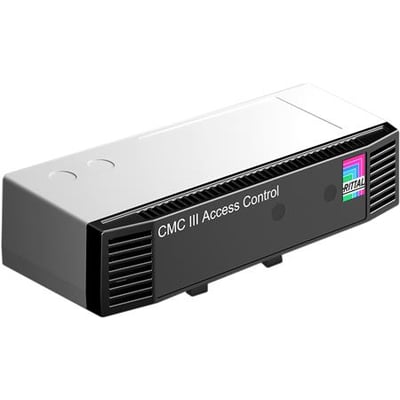 Rittal CMC III Access Control enhed med hvidt topdæksel og sort frontpanel med ventilation samt logo.