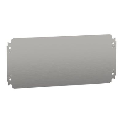 Schneider Electric galvaniseret montageplade i stål, 250 x 500 mm, med tydelige monteringshuller i hjørnerne og afrundede kanter.