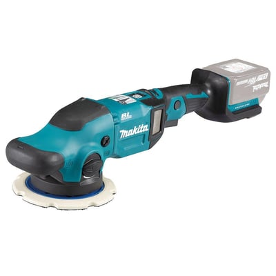 Makita Akku 18V polermaskine LXT DPO600Z set fra siden med fokus på ergonomisk håndtag og batteri.