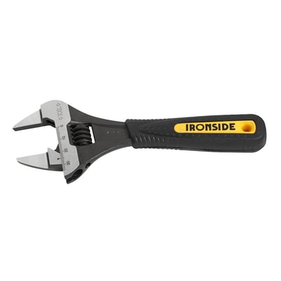 Ironside Slim-skiftenøgle på 6 tommer med sort og gult greb, åbne kæber og synlig millimeterskala; nøglevidde 34 mm.