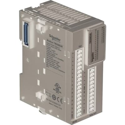 Schneider Electric TM3-modul DI16 DO8 med skrueklemme, vist fra siden med synlige mærkater og tilslutningspunkter.