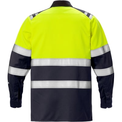 Bagsiden af Kansas Flame HiVis skjorte 124309 i gul og marineblå med refleksstriber på ærmer og skuldre.