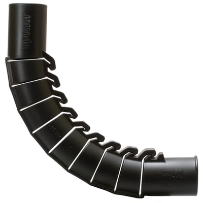 Uponor multi bukkefix i sort plast bøjet i en 90 graders vinkel, viser fleksibilitet til rørinstallation.