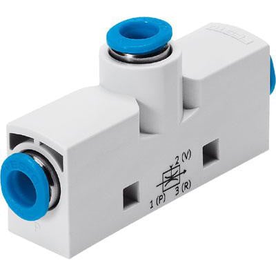 Festo vakuumejektor VN-05-L-T3-PQ2-VQ2-RQ2 i hvid plast med blå push-in konnektorer og symboler trykt på siden.