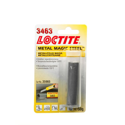 Loctite Metal Magic Steel 3463 metalmasse i 50g pakke, med produktinformation og anvendelsesillustrationer.