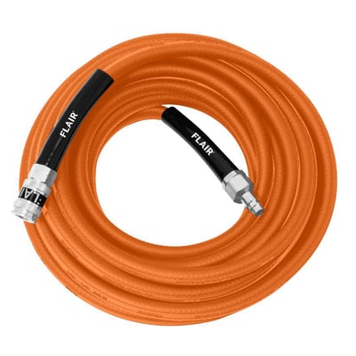 FLAIR 10m 3/8" Hyper Flexslange i orange gummi/polymer komposit med fletforstærkning og sorte endestykker med kobling og nippel.