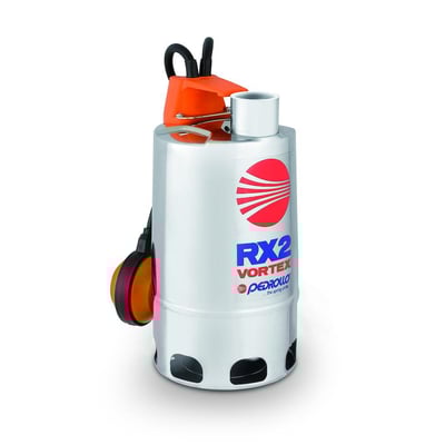 Pedrollo RXM2/20 drænvandspumpe i rustfrit stål med orange top og håndtag, klar til brug på hvid baggrund.