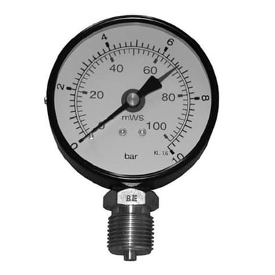 Manometer VSM med 63mm diameter og 1/4" RG gevind, viser et måleområde op til 10 bar og 100 mWS.