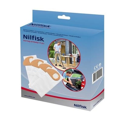Blå Nilfisk emballage til støvsugerposer til Buddy II 4 stk, med billeder af produktet og brug i hjemmet og bilen.