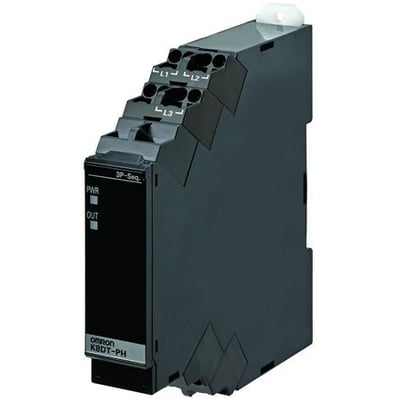 Omron faseovervågningsrelæ K8DT-PH med fjederklemmer til 3-fasede systemer, 380-480 VAC. Relæet har en kompakt, sort plastikkasse med LED-indikatorer.