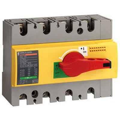 Schneider Electric Interpack INS125 lastafbryder med 4 poler og en rød betjeningshåndtag. Produktet har en gul front med tydelig mærkning.