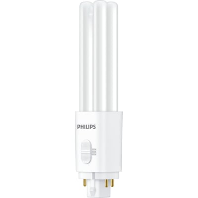 Philips CorePro LED PL-C 4P på 9,5 W med hvidt rør, G24q-3-sokkel og markeringer for tre farvetemperaturer.