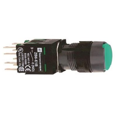Schneider Electric grøn trykknap XB6 med 16mm diameter og 1NO kontakt, med synlige loddepin-stik og mærkninger.